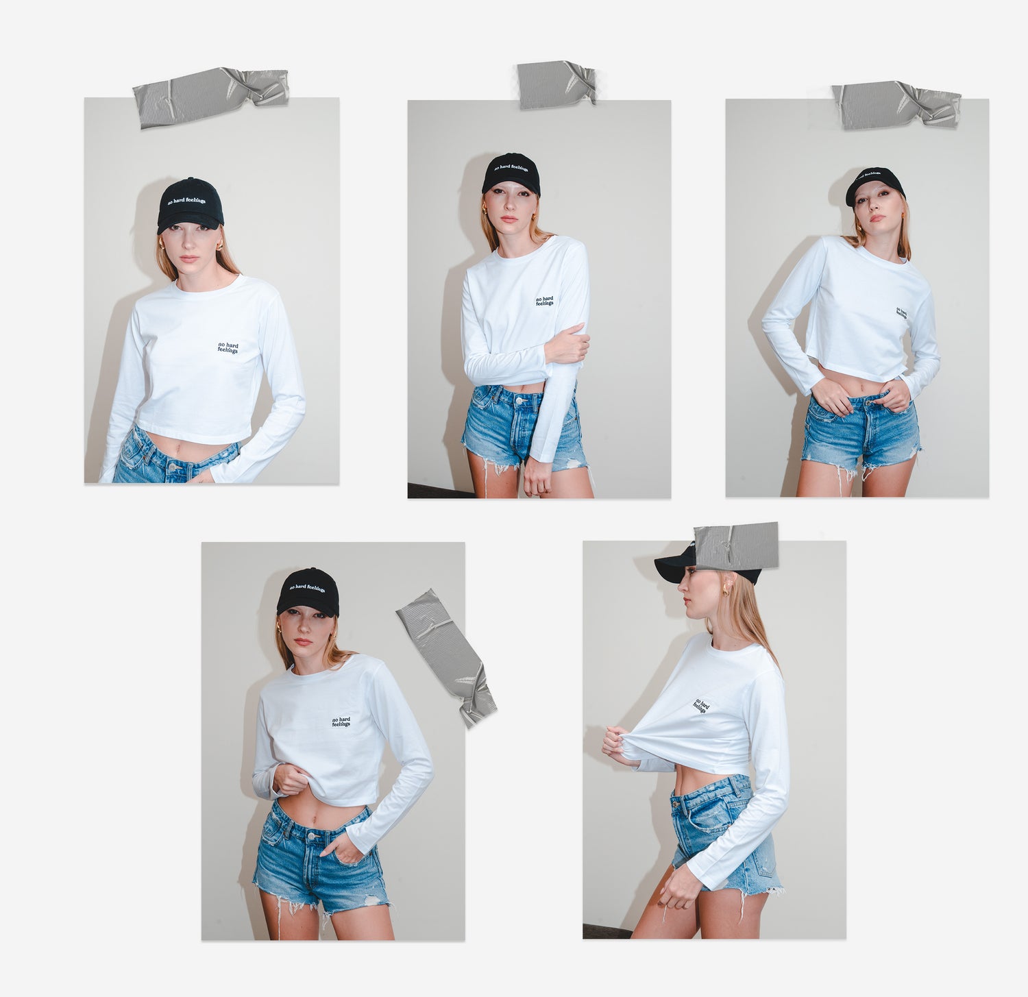 No Hard Feelings long sleeve white banner with a model posing in 5 different angle